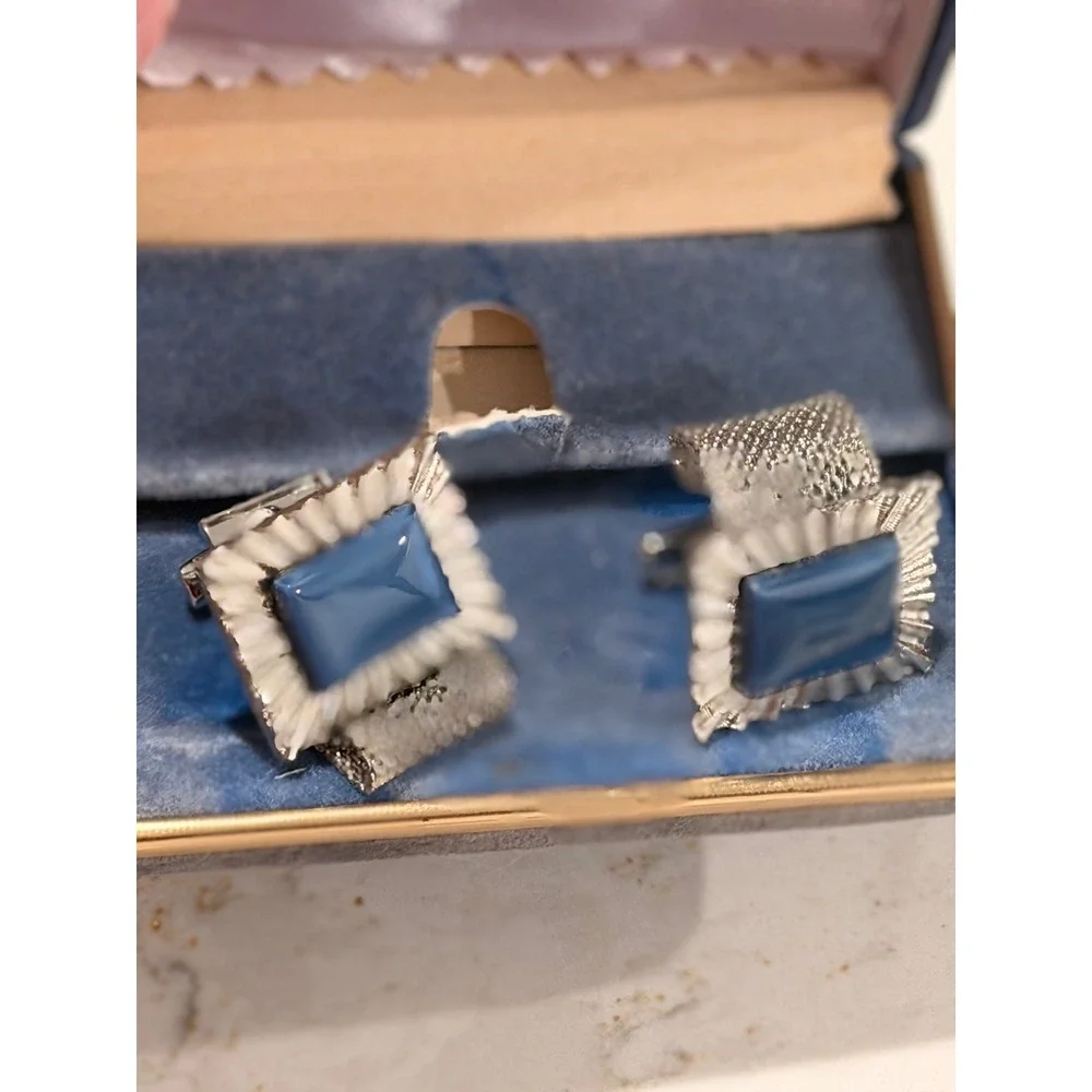 Vintage Embassy Cufflinks and Tie Tack Set Blue Stone Mesh Silver Tone with Box